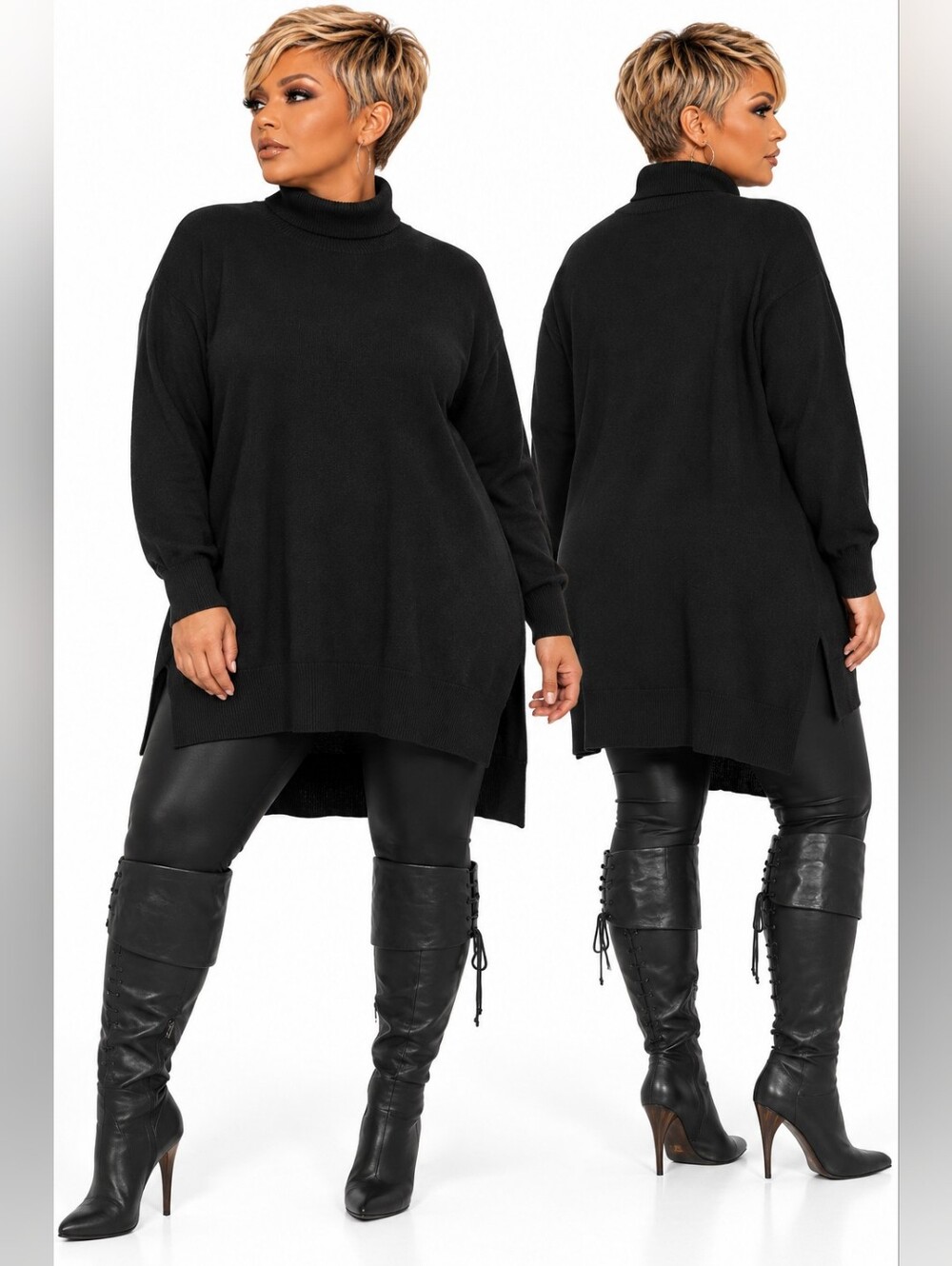 NEW Girl With Curves Turtleneck Tunic Sweater Black High-Low Side Slit Plus Size